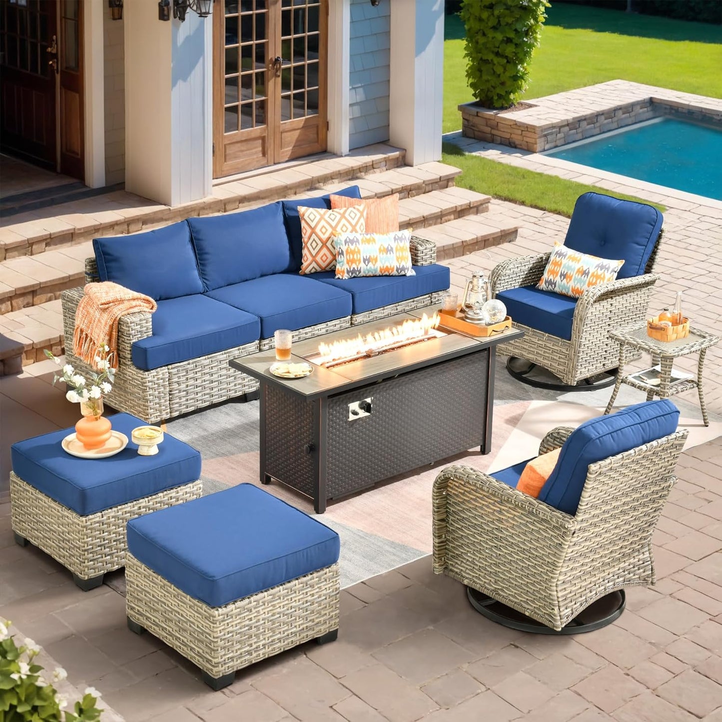 HOOOWOOO Outdoor Sectional Patio Furniture Set with Fire Pit Table,9 Pieces Wicker Conversation Sets,Extra Deep Out Door Sofa Outside Furniture Couch Swivel Chairs Ottoman,Navy Blue