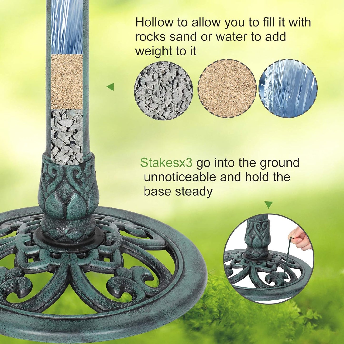 VINGLI 28 Inch Pedestal Bird Bath Solar Fountain Birdbaths with Steel Ground Anchors Weather Resistant Resin Antique Green Garden Decor for Outdoor Lightweight Courtyard…