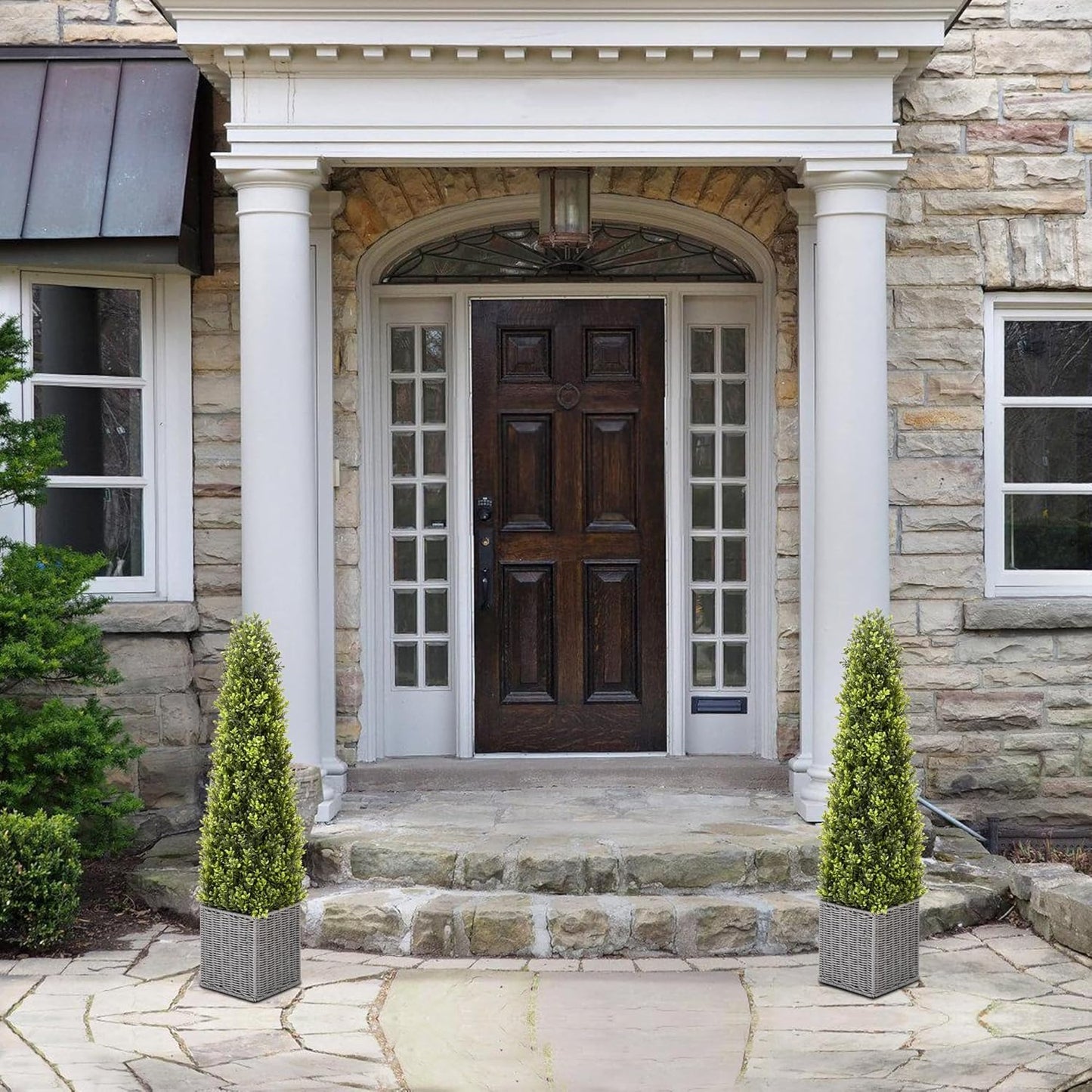 48 Inch Artificial Boxwood Outdoor Topiary Tree Set of 2, 4FT Potted Boxwood Tree Cone Topiary Artificial Plant Shrub for Front Porch Home Office Decor…