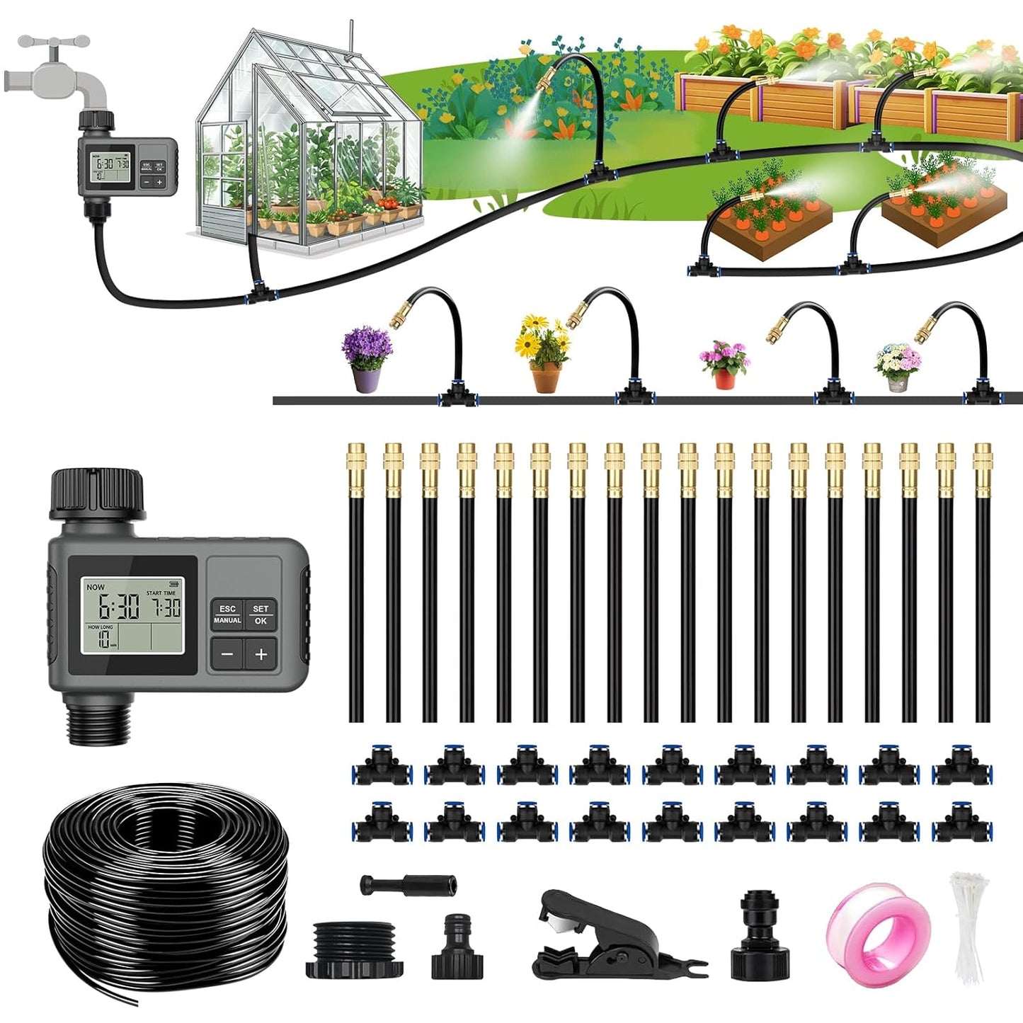 60FT Drip Irrigation System with Water Timer – Automatic Garden Watering Kit with 360° Bendable Hose & Adjustable Nozzles, Smart Irrigation System for Greenhouse, Lawn, Yard & Plants