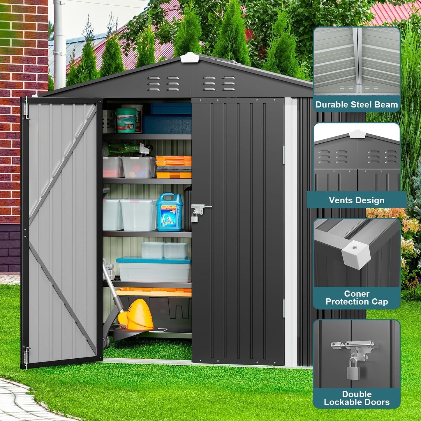 Gizoon Outdoor Storage Shed 6 x 4 FT, Galvanized Metal Garden Shed with Double Lockable Doors, Outdoor Storage Clearance for Backyard Patio Lawn-Dark Grey