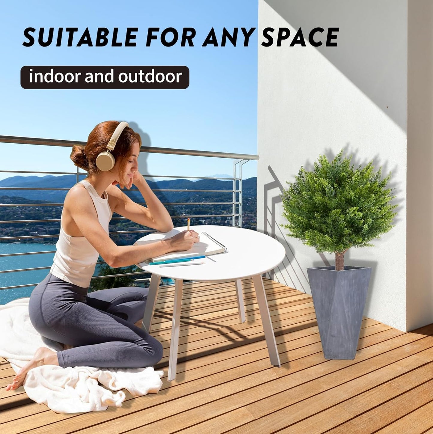 Artificial Cedar Shrub Ball Trees Two 15.8inch with Ground Spikes, can be Planted in The Ground and in pots, Outdoor Artificial Plants Resistant to UV Rays