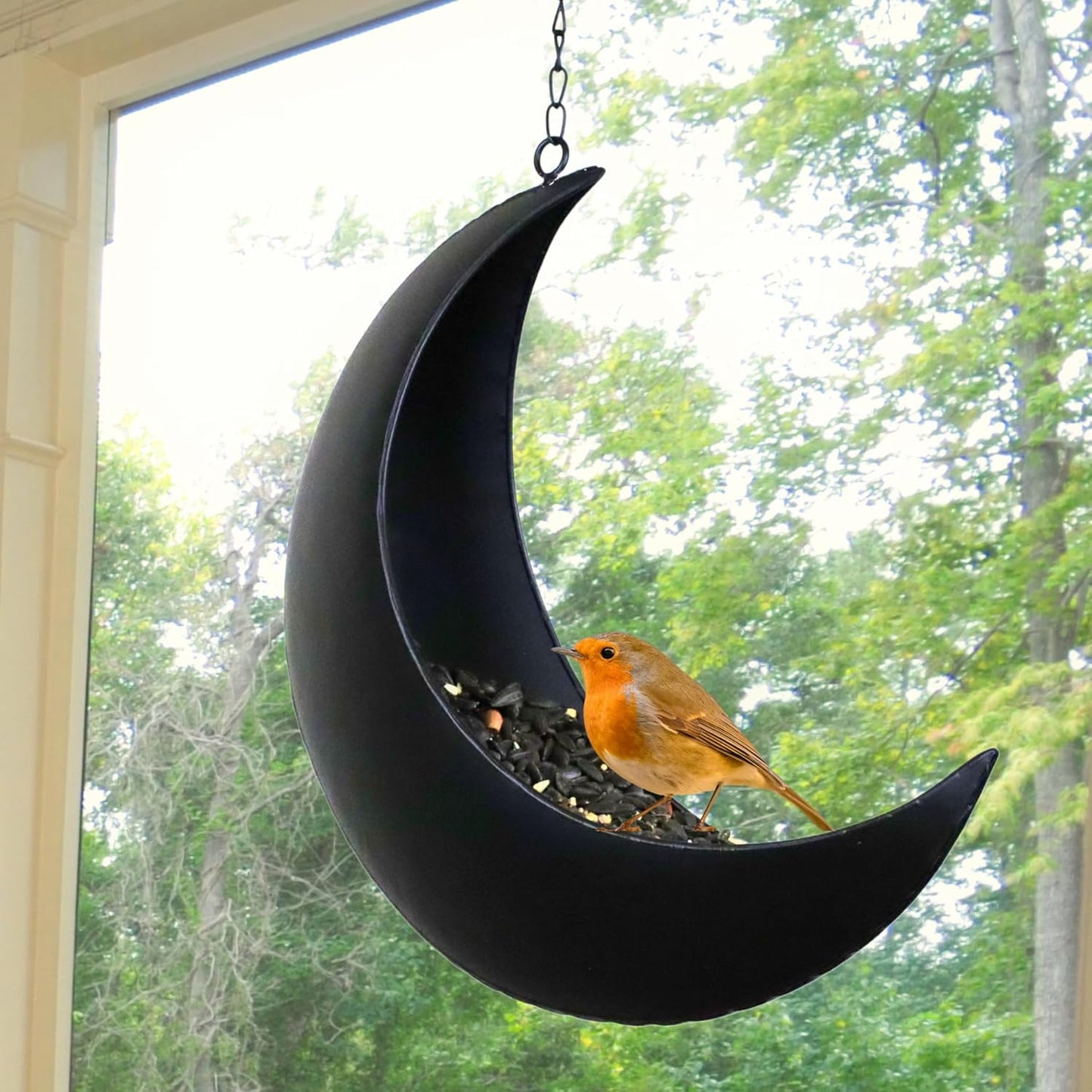 Hanging Moon Bird Feeder – Unique Metal Bird Feeders for Outdoors, Black Rust-Resistant, Drain Holes – Wild Bird Feeder for Bluebirds, Cardinals, Finches, and Backyard Birdwatching (Black)