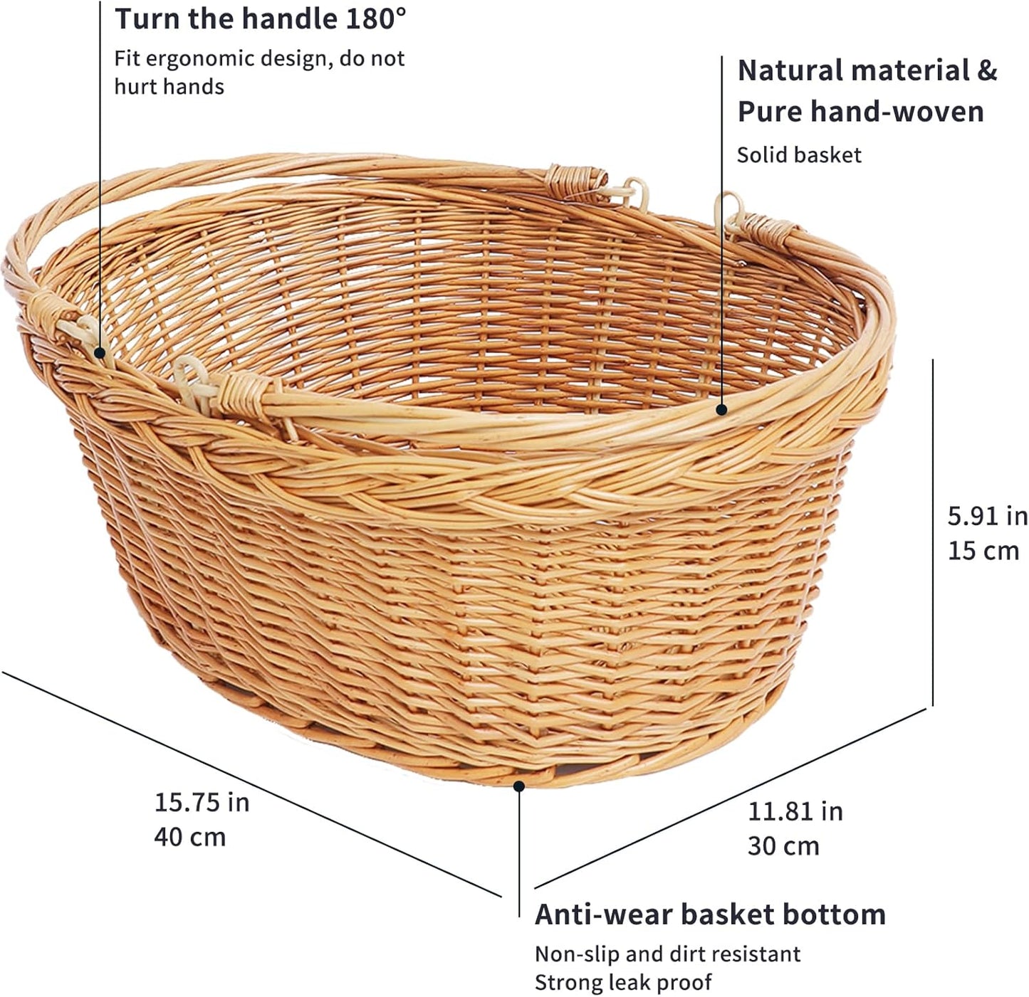 Wicker Picnic Basket with Handle, Natural Large Empty Basket Cheap Easter Egg Candy Storage Suitable for Toys, Flowers, Weddings (Original Color 15.75 * 11.81 * 5.91 inches)