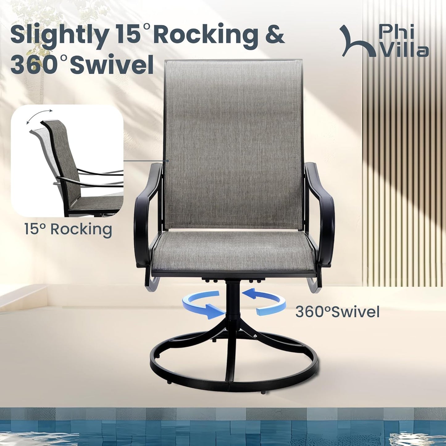 PHI VILLA 5 PCS Patio Dining Set, 4 Patio Swivel Dining Chairs & Square Brown Metal Slat Table Top with 1.57" Umbrella Hole, Outdoor Table and Chairs for All Weahter