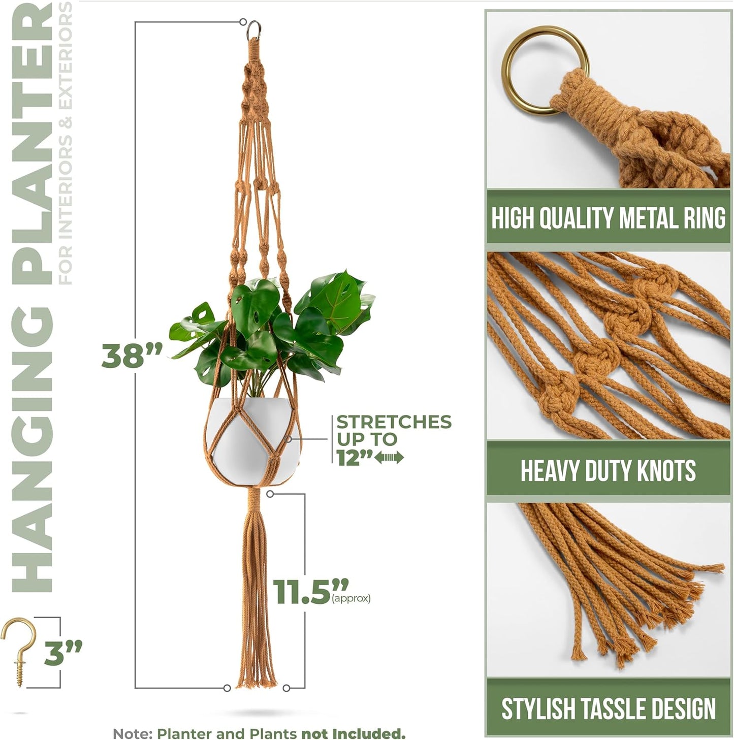 Sorbus Macrame Plant Hanger (4 Pack) Indoor Outdoor Hanging Plant Pots Cotton Rope, Elegant for Home, Patio, Garden (Brown)