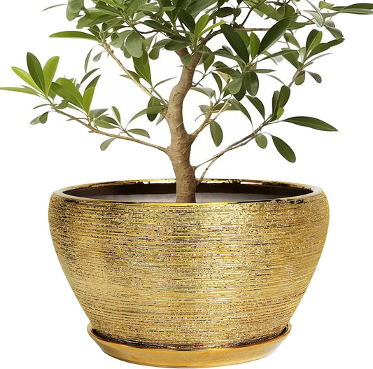Ceramic Planter 13 Inch - Indoor Plant Pot with Drainage Hole and Saucer Large Ceramic Pot for Plants Mid-Century Decorative Modern Outdoor Flower Pot for Home Decor Gold