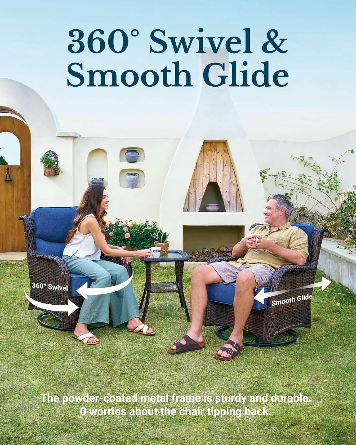 HILLGA Luxury Patio Furniture Set with 6-Inch Thick Cushions, High Back Outdoor Swivel Rocker Chairs, 2-Piece All Weather Conversation Set for Porch Deck Balcony Yard, Blue (V3)