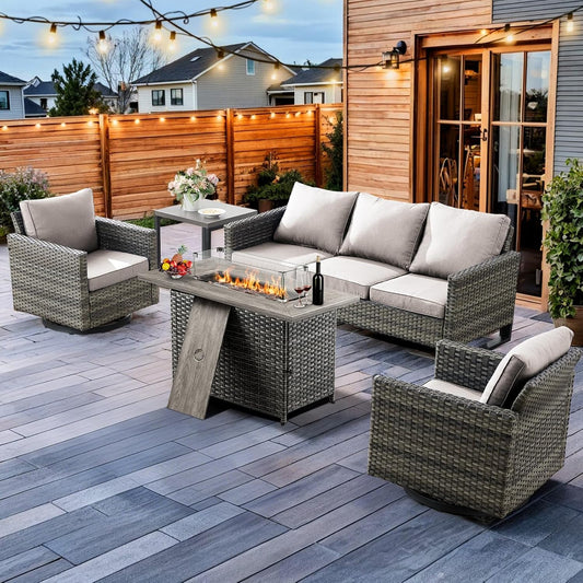 HUMMUH Patio Furniture Set with Fire Pit Table 41 in 55,000 BTU,5 Piece Wicker Outdoor Conversation Sets -Sturdy Outdoor Swivel Rocker Chairs Patio Sofa for Porch,Garden,Backyard