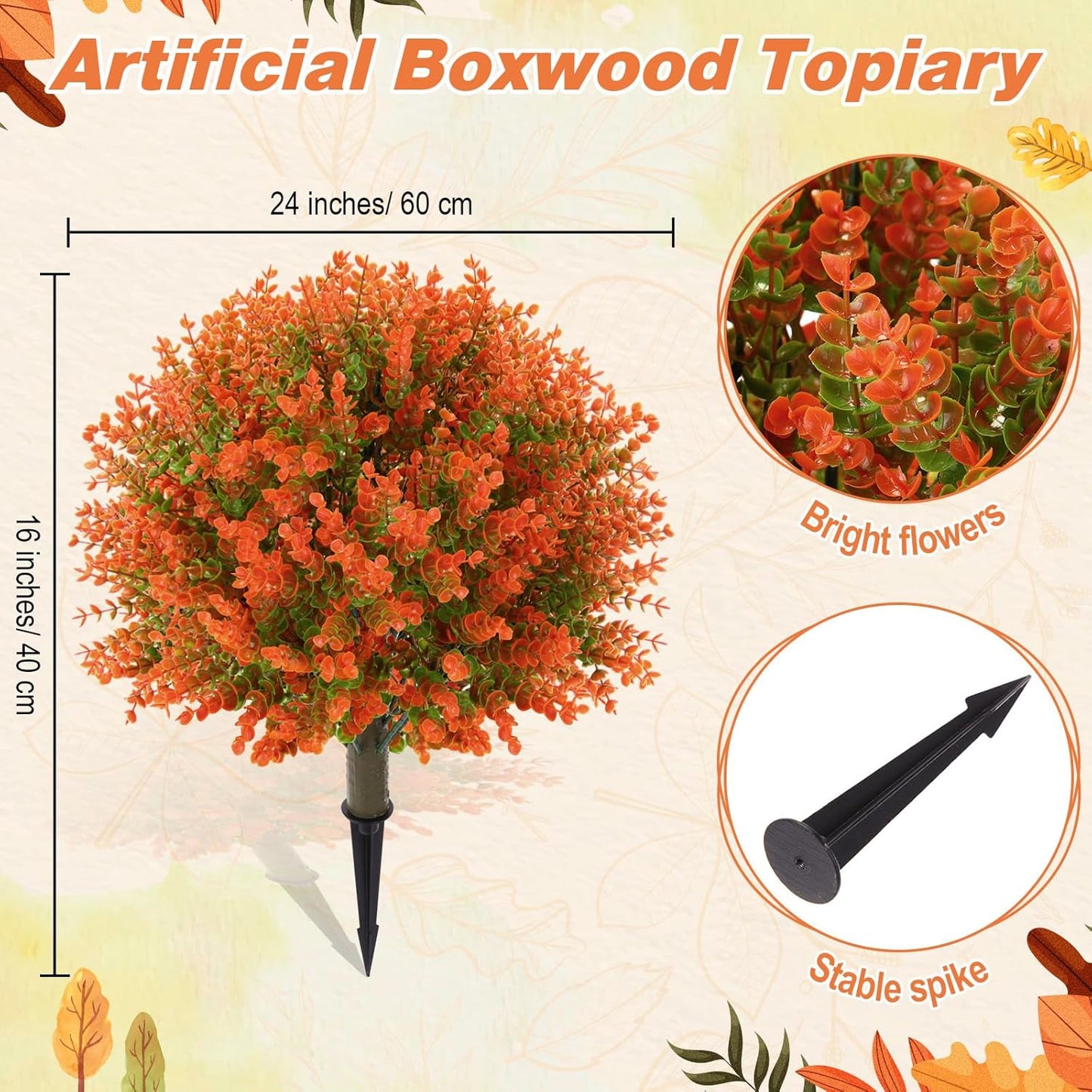 Yunlly 4 Pcs 18 Inch Fall Artificial Boxwood Ball Topiary Tree Outdoor Plants Bush, UV Resistance Faux Shrub with Spike Fall Porch Decor for Indoor Garden Yard Porch Patio Decor (Orange)