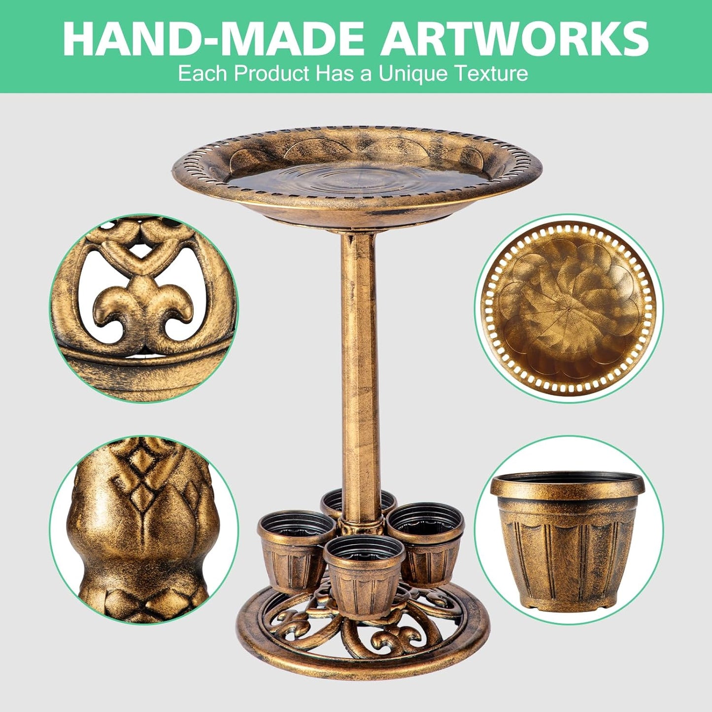 Bird Bath for Outside with 4 Removable Flower Planters 28in Polyresin Lightweight Vintage Birdbath for Outdoors Stake Standing Bowl and Water Feeder Yard Garden Decor Bronze