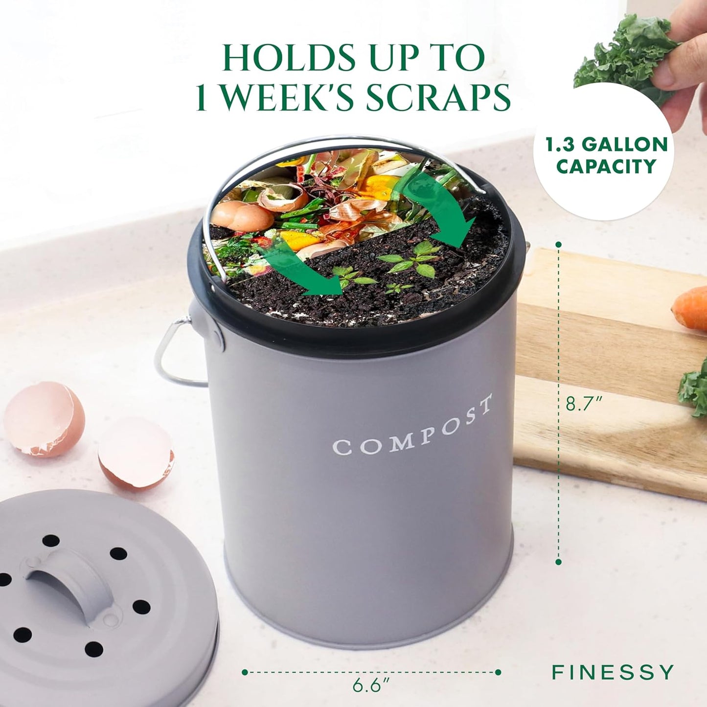 FINESSY Indoor Compost Bin Kitchen Odorless with Lid for Composting Food Waste Bucket for Counters, Stainless Steel Kitchen Compost Bin Countertop Trash Can, Indoor Food Composter Recycler Container
