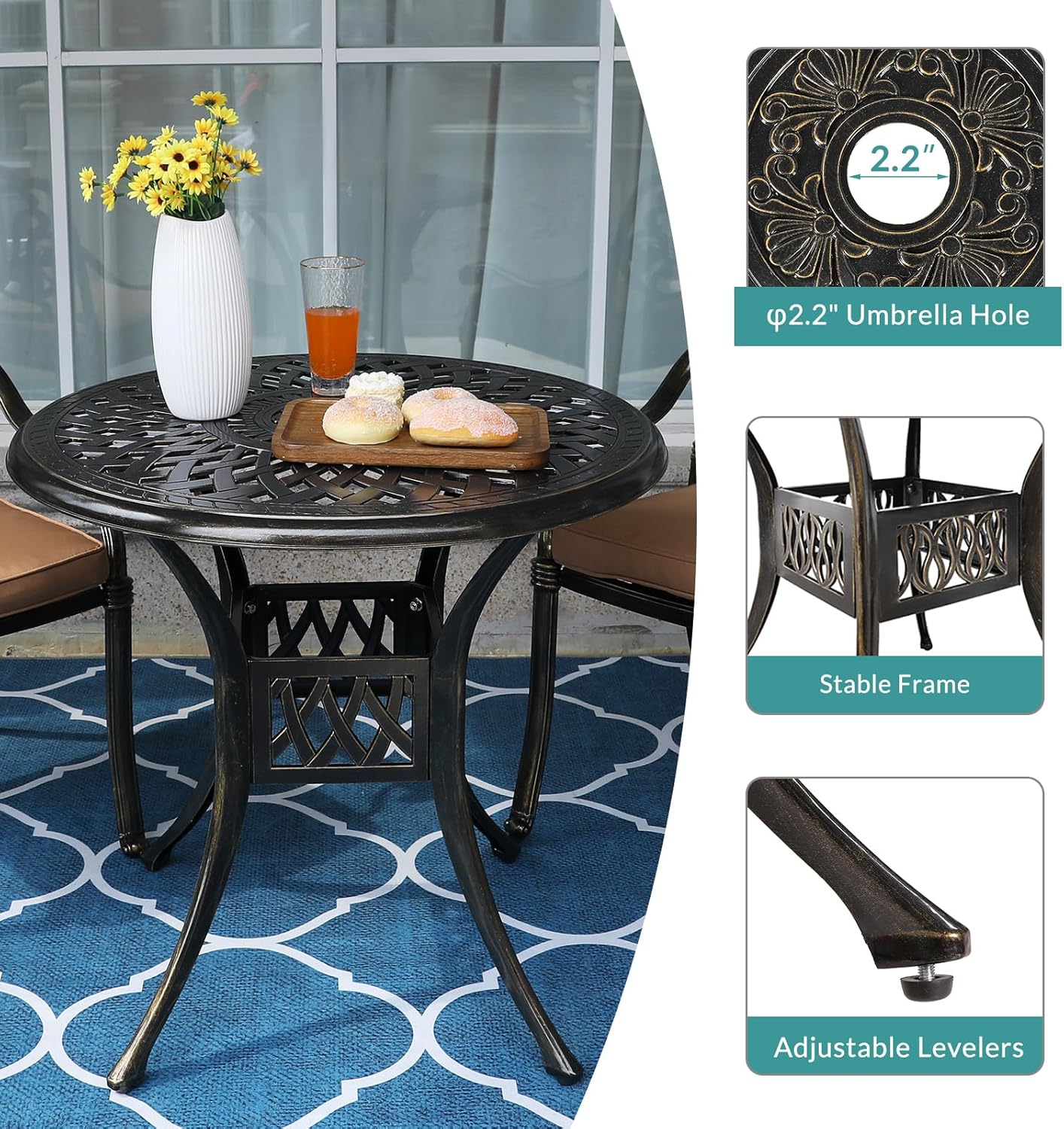 MEETWARM 3 Piece Patio Bistro Set, Outdoor All-Weather Cast Aluminum Dining Furniture Set Includes 2 Chairs with Cushions and a 31” Round Table with Umbrella Hole for Garden Deck, Chili Red