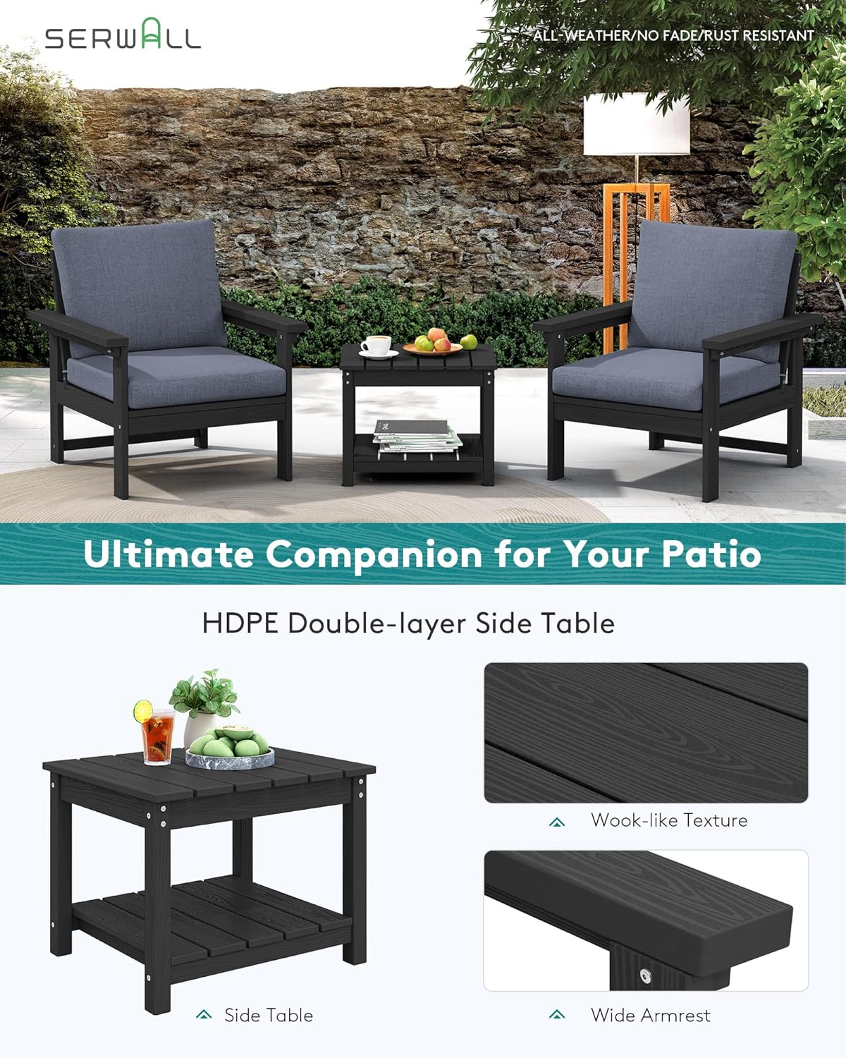 SERWALL Outdoor Patio Sofa Set, 2-Piece HDPE Single Seat Outdoor Sofa Chair with Padded Cushions, Black Frame with Grey Cushion