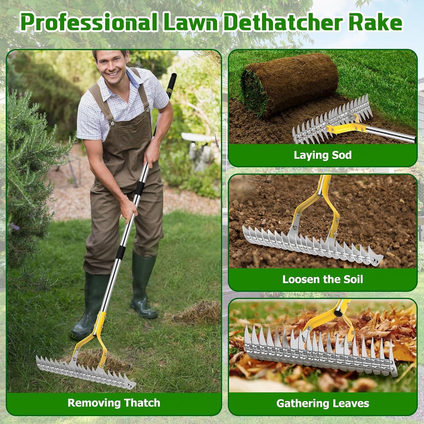 Thatch Rake, 15 Inch Wide Lawn Thatching Rakes for Cleaning Dead Grass, Efficient Metal Steel Lawn Dethatcher with Sponge Handle, Lawn loosening Soil Grass Rake (Silver)