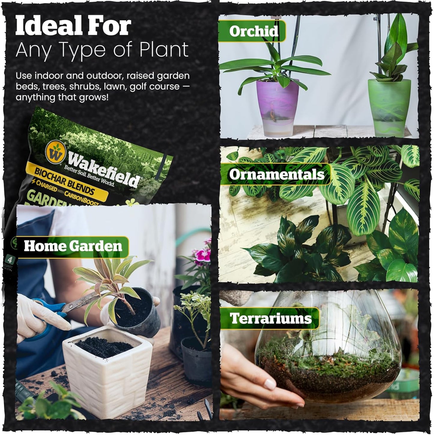 Wakefield Biochar Blend with CarbonBoost™ Technology – Enhanced Water & Nutrient Retention for Raised Bed Garden Soil - Ultimate Organic Potting Soil Mix for Vegetables, Gardens and Houseplants - 4qt