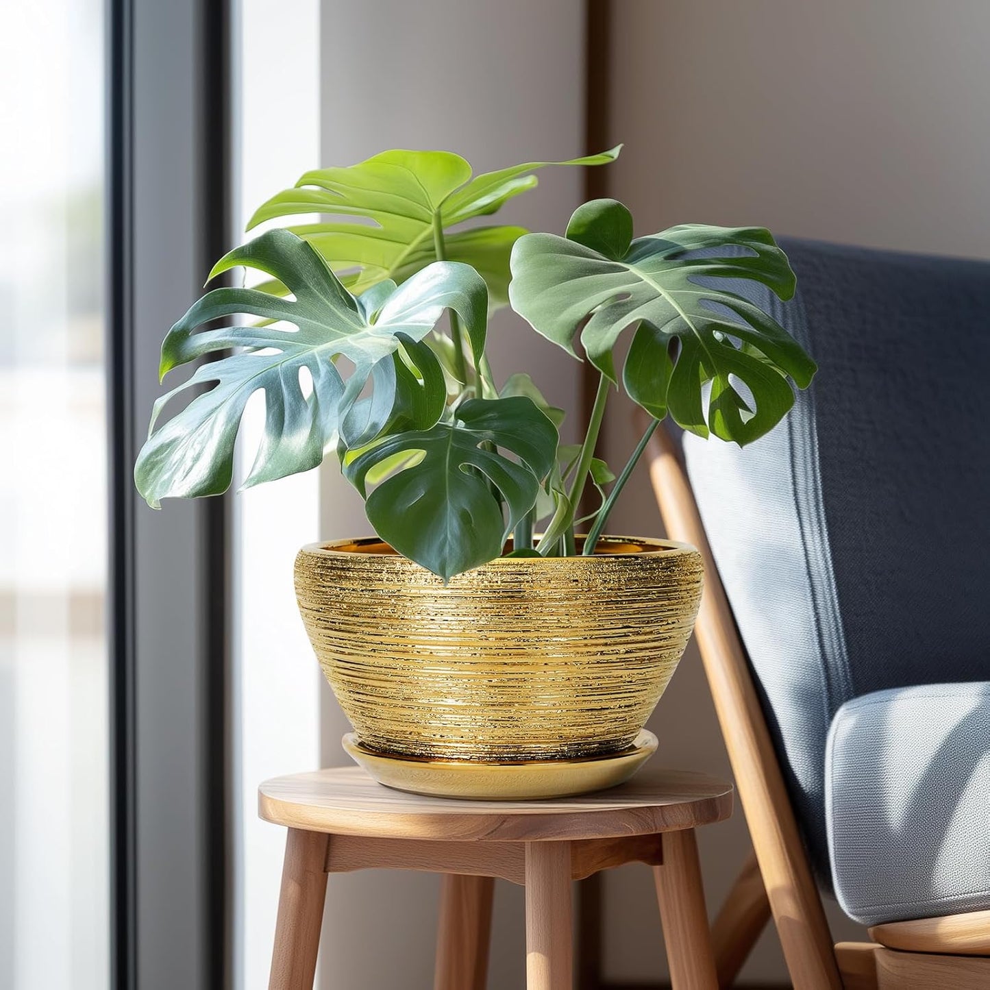 Ceramic Planter 11 Inch - Indoor Plant Pot with Drainage Hole and Saucer Large Planter for Outdoor Plants Mid-Century Decorative Flower Pot for Home Decor Gold