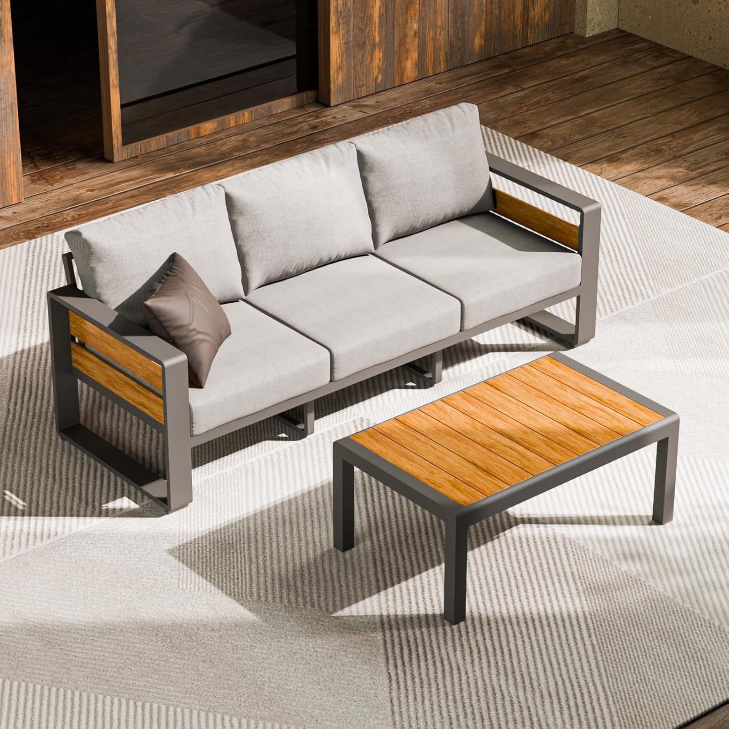 ZANDOR Aluminum Outdoor Patio Furniture - 1 Pcs 3-Seat and Coffee Table, All-Weather Metal Modern Outside Furniture with Washable Thick Cushion for Garden/Backyard/Porch, Grey