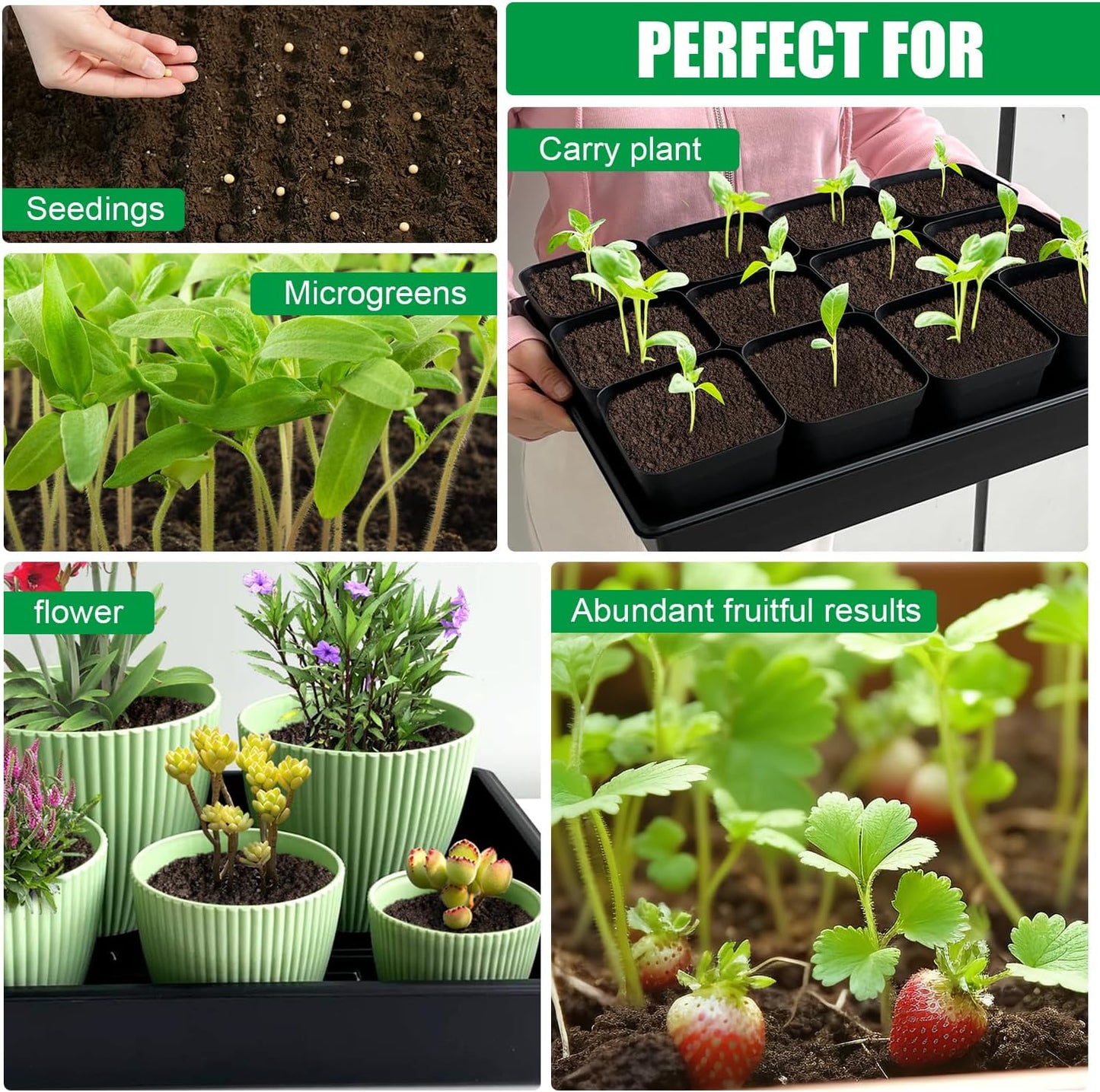 Seed Starter Tray, 10 Packs Plant Tray, Durable Plastic Growing Trays, Stackable Seedling Starter Trays Perfect for Indoor, Outdoor, Greenhouses, 16.5" L x 13.2" W x 2.8" H - Black