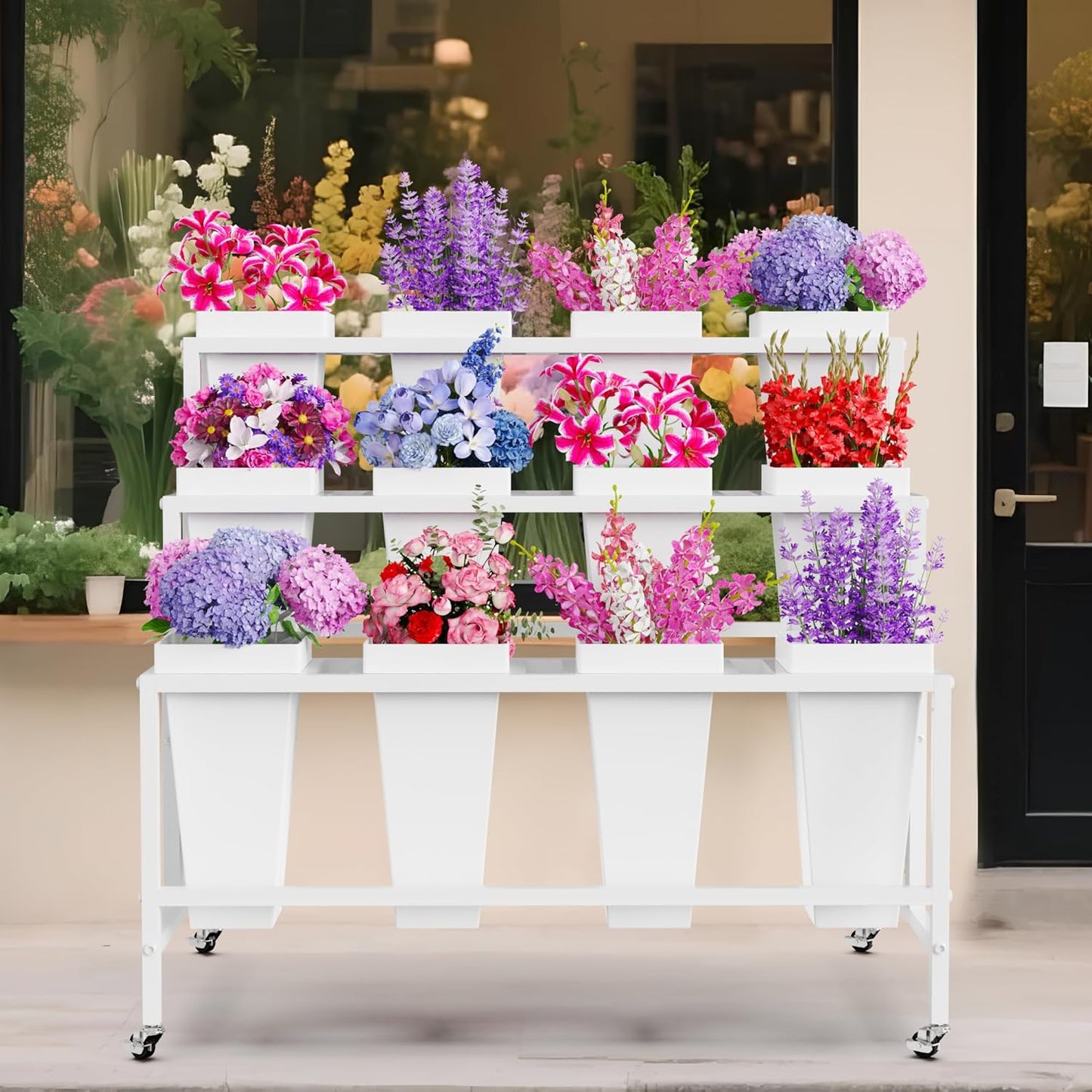 Putros Flower Display Stand with 12 Buckets White 3 Layers Metal Floral Cart with Wheels Moving Florist Bouquet Bar Plant Shelf for Indoor Outdoor Patio Garden Party Decor