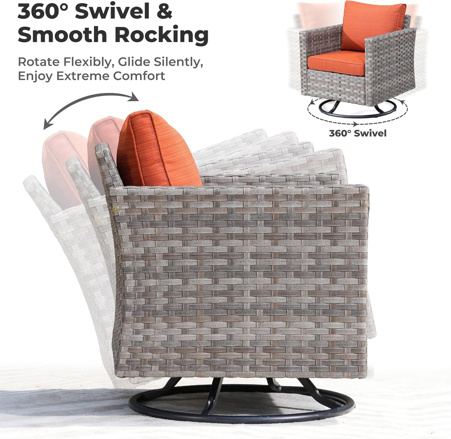 ovios 10 Pieces Patio Furniture Set, Outdoor Wicker Sectional Sofa with 42" Fire Pit Table Swivel Chairs, Modern Modular Deep Seat Rattan Couch Conversation Sets, Orange Red