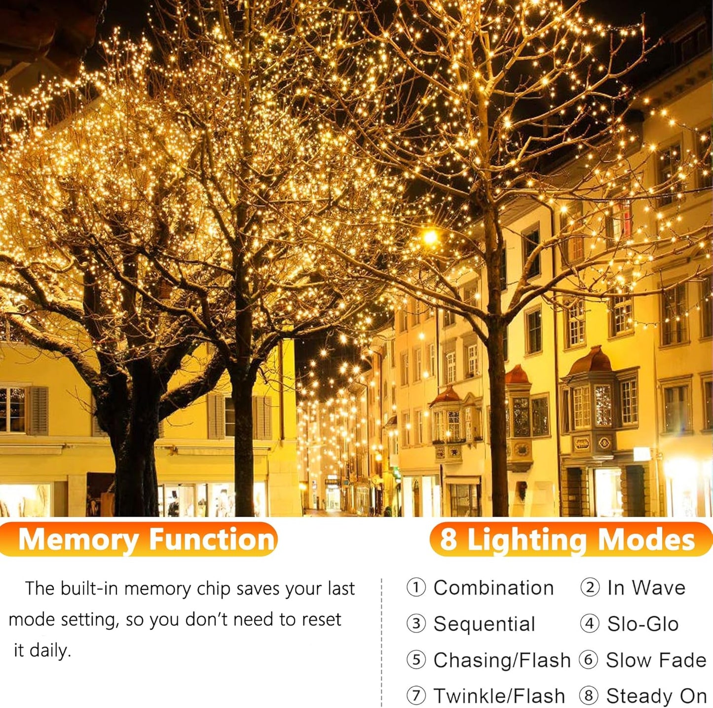 Joomer Solar Fairy Lights, 4-Pack Total 104FT 320LED Solar String Lights Outdoor Waterproof 8 Lighting Modes for Patio Fence Party Garden Yard Home Holiday Tree Outdoor Decoration (Warm White)