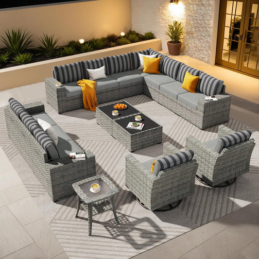 ovios 15 Pieces Patio Furniture Set, Outdoor Wicker Sectional Sofa with Swivel Chairs Coffee Table, Modern Modular Deep Seat Rattan Couch Conversation Sets, Dark Gray Stripe