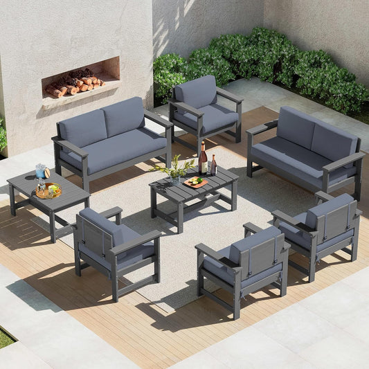 SERWALL 8 Pieces HDPE Outdoor Conversation Sofa Set with Cushions, All Weather Use Couch Loveseat Furniture Set with Pads, Outdoor Social Sofa Coffee Table Set, Grey Frame with Grey Cushions
