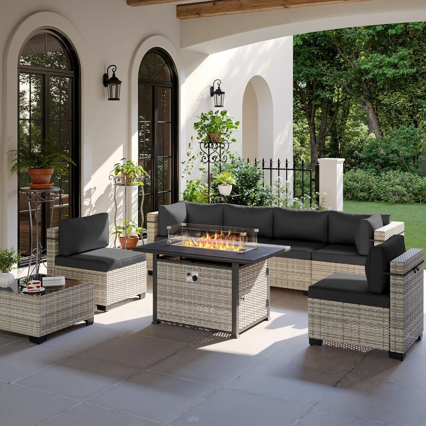 8-Piece Modern Patio Conversation Set with 55,000 BTU Fire Pit Table, Thick Cushions, Upgraded Rattan, Reinforced Frame