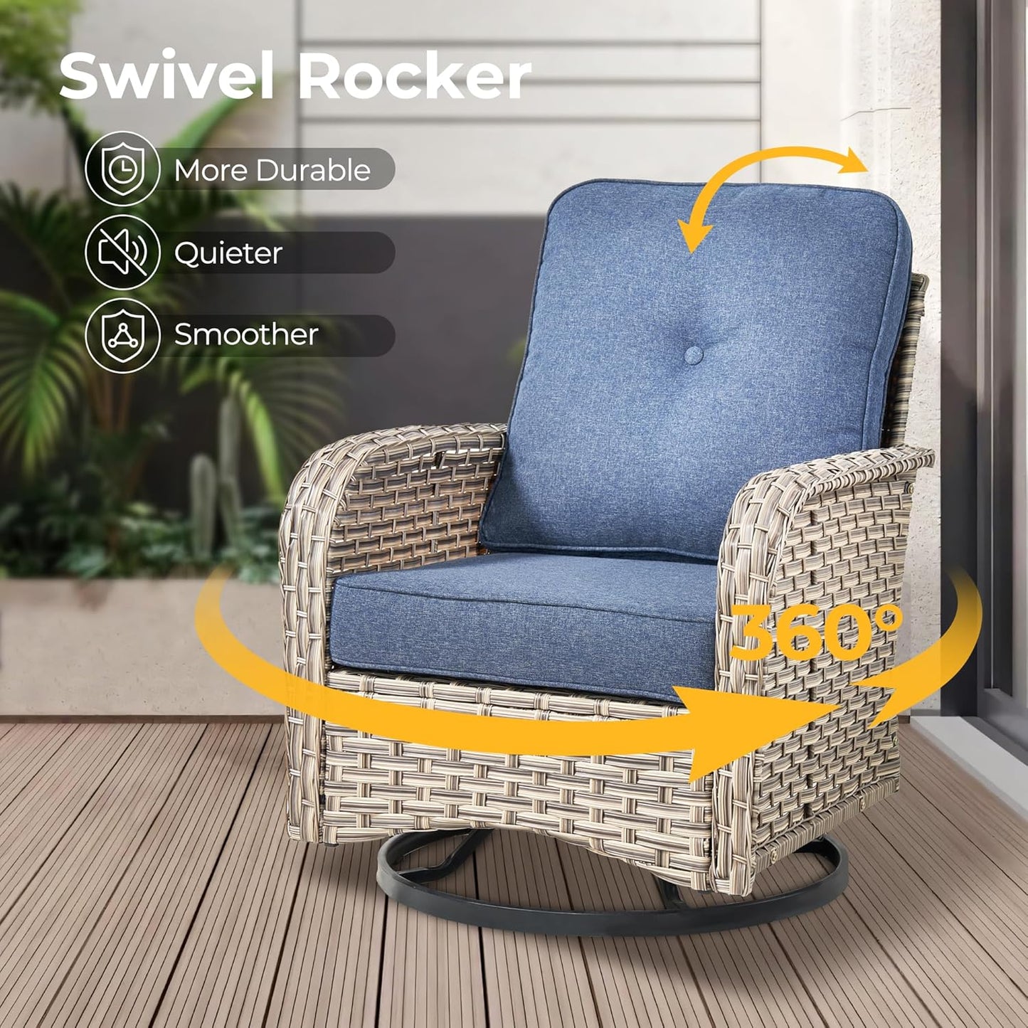 HOOOWOOO Outdoor Sectional Patio Furniture Set with Fire Pit Table,15 Pieces Wicker Conversation Sets L Shaped Couch,Extra Deep Out Door Sofa Outside Furniture with Swivel Chairs Ottoman,Denim Blue