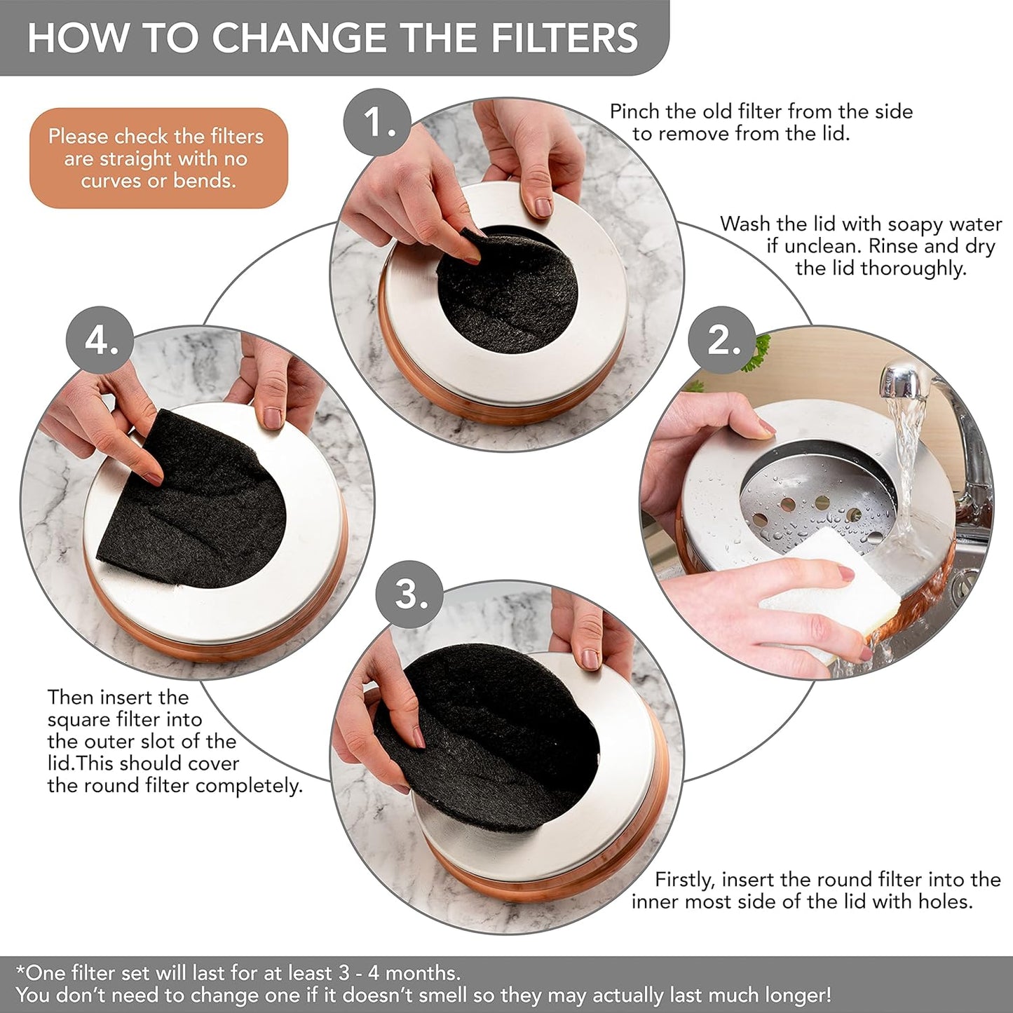 RED FACTOR Premium Compost Bin for Kitchen Countertop - Stainless Steel Food Waste Bucket with Innovative Dual Filter Technology - Includes Spare Filters (Matt Copper, 1.3 Gallon)