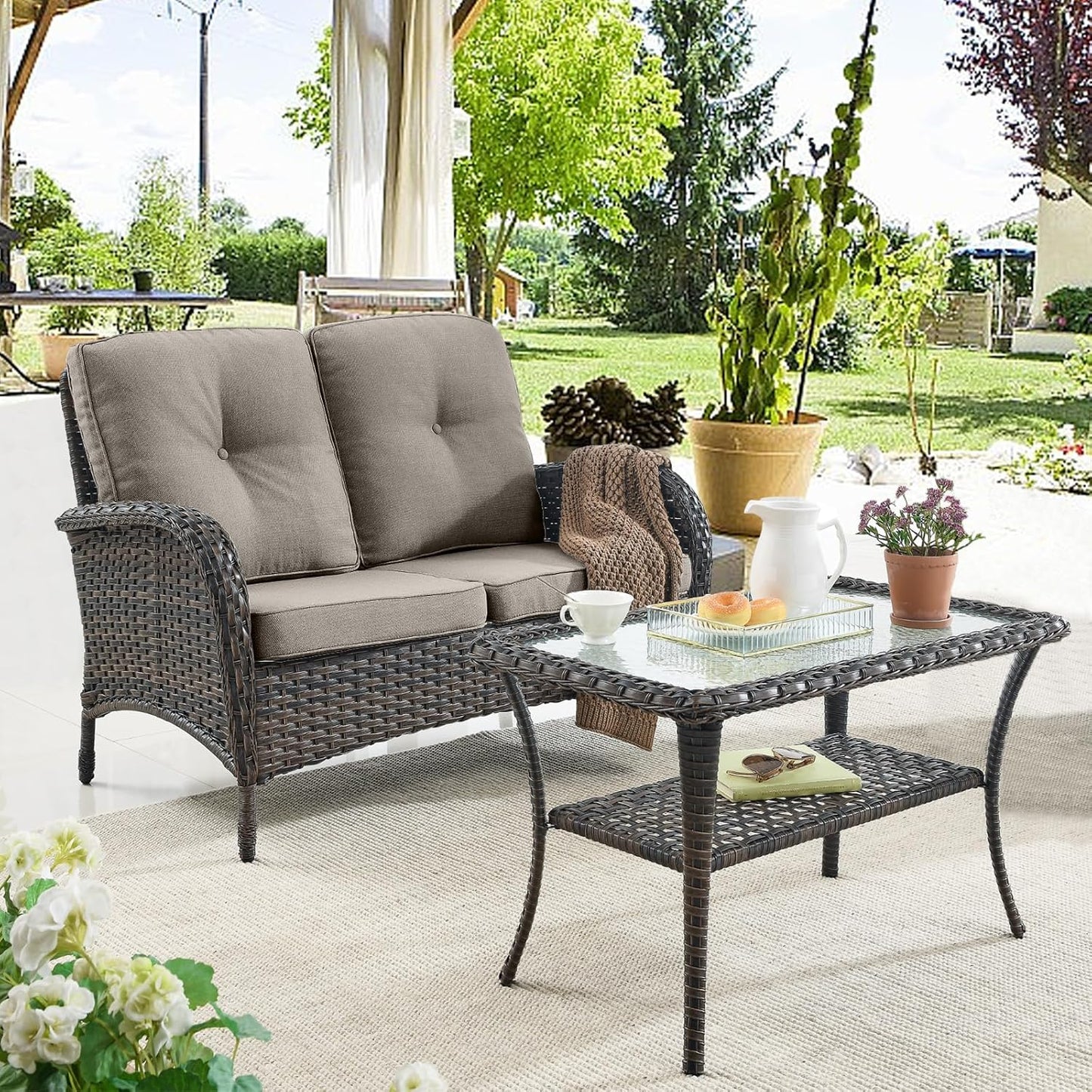 7 Piece Outdoor Patio Wicker Furniture Sets with Swivel Rocker Chairs, Rattan Loveseat Conversation Sets for Patio Deck Backyard Poolside, Grey Cushion