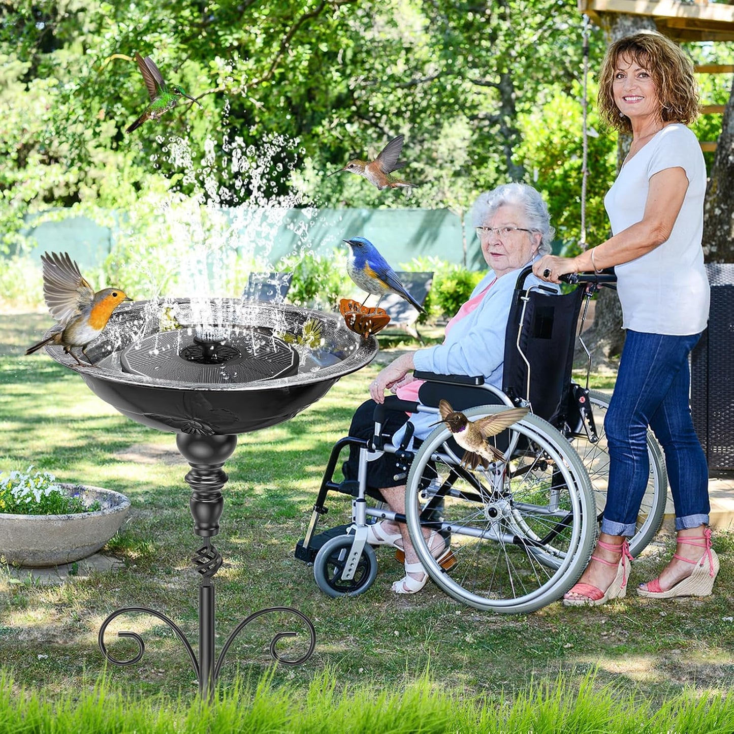 35.4" Tall Bird Bath for Outside, Vintage Metal Birdbaths Bowl with 5 Prong Bases for Outdoors, Freestanding Birdfeeder with Hummingbird Carving for Garden Yard Lawn Decor (Vintage Silver)