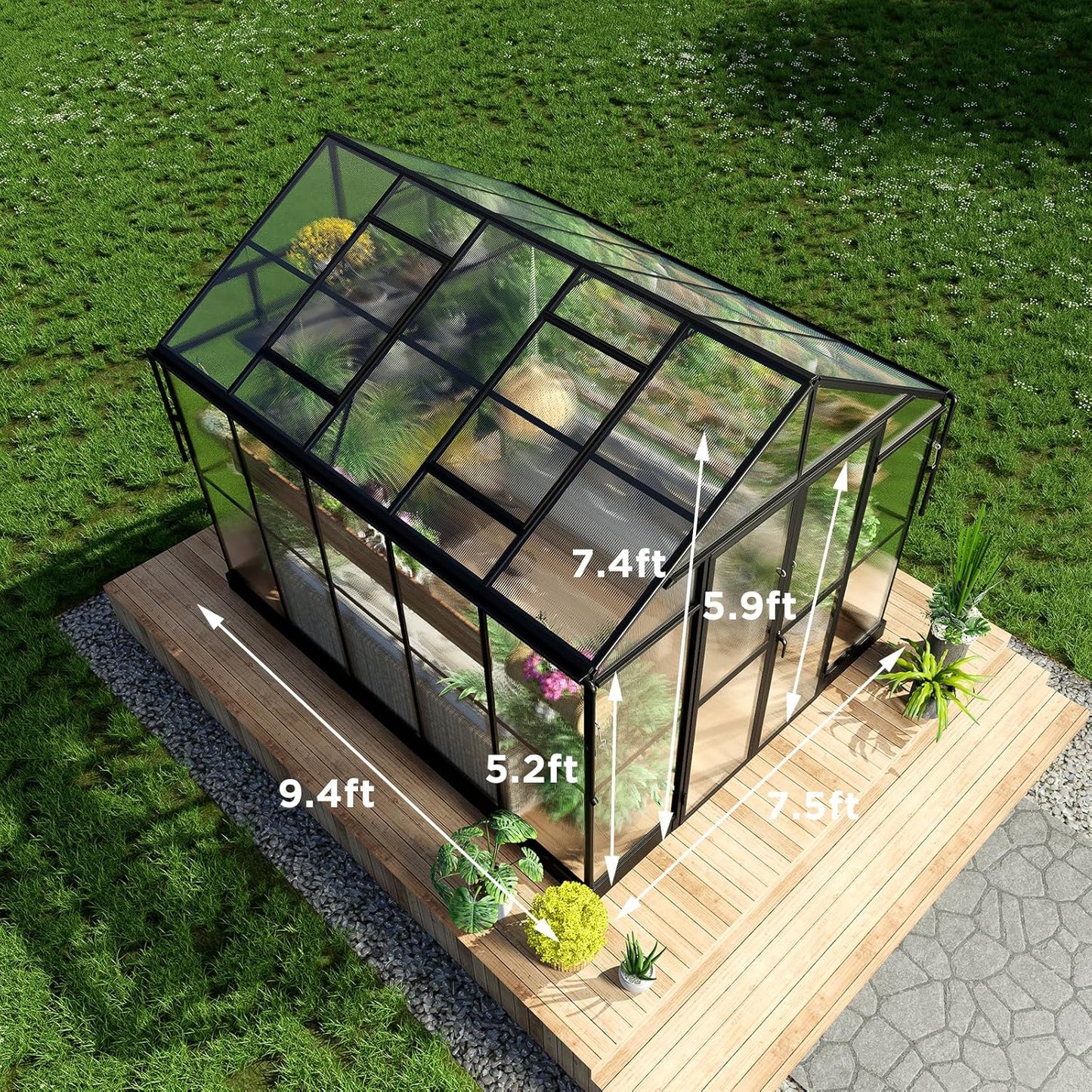 HOWE 8x10x7.5 FT Polycarbonate Greenhouse Double Swing Doors 2 Vents 5.2FT Added Wall Height, Walk-in Large Aluminum Greenhouse Sunroom Winter Greenhouse for Outdoors, Black (54FG-5)