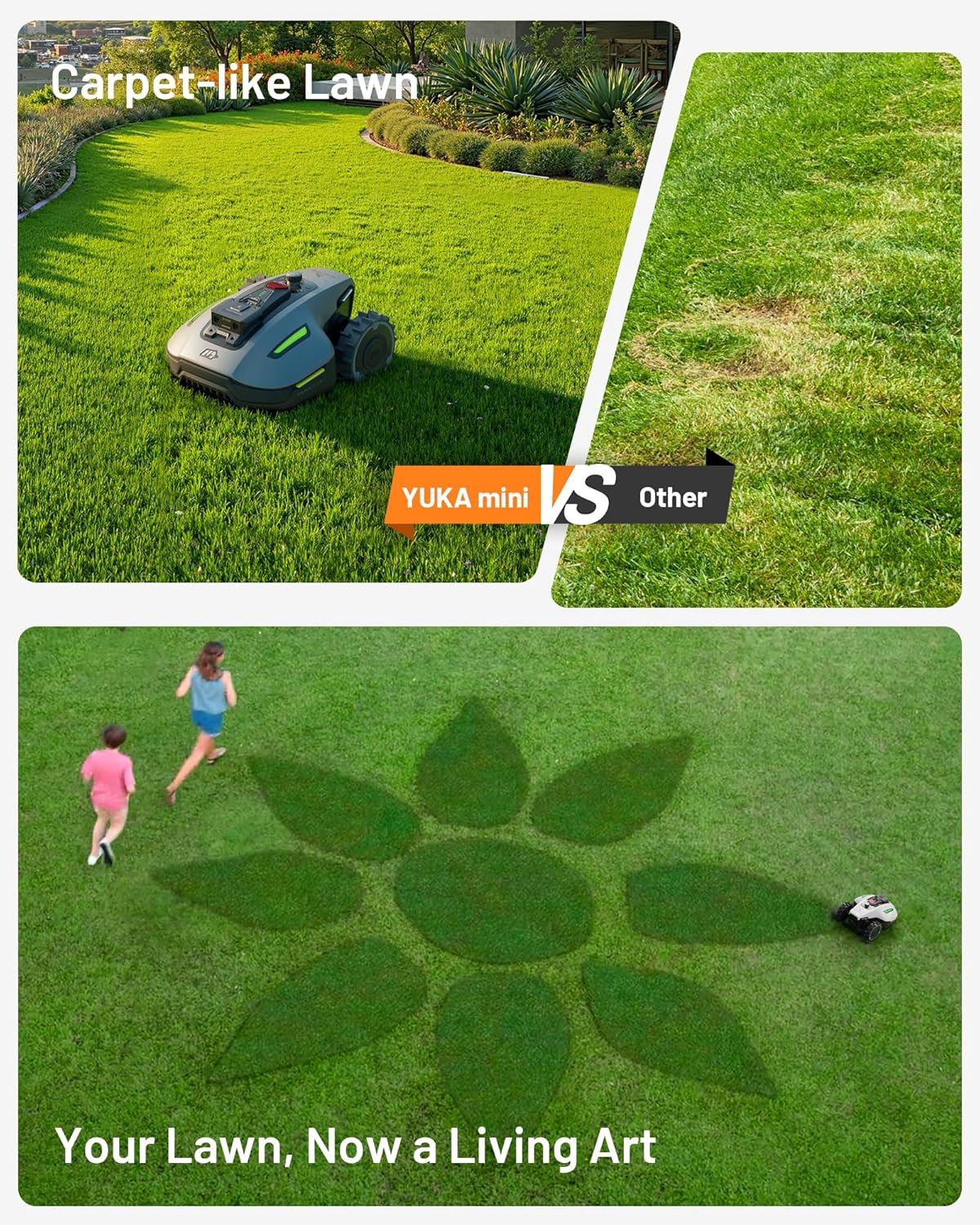 YUKA Mini 700H Robot Lawn Mower, Reception 0.17 Acre, Max.0.27 Acre, Ultrasense AI Vision+ RTK Positioning, Auto Mapping, App Control, 50% Slope, Cutting Height 2''~3.5'', 15 Mowing Zones
