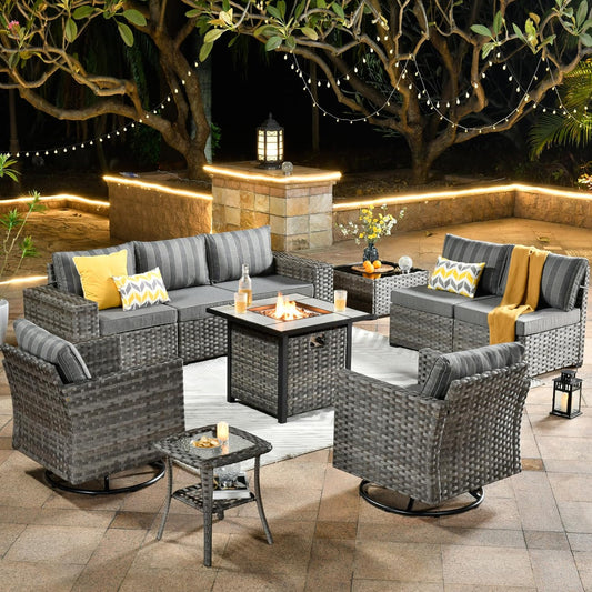 HOOOWOOO 10 Piece Modular Patio Outdoor Sectional Furniture Set with Gas Propane Fire Pit Table,Wicker Conversation Sofa Set with Swivel Chairs,Outside Couch Set(Grey Stripes)