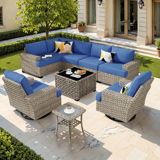HOOOWOOO Outdoor Sectional Patio Furniture Set,9 Pieces Wicker Conversation Sets L Shaped Couch,Extra Deep Out Door Sofa Outside Furniture with Swivel Chairs,Denim Blue
