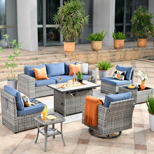 HOOOWOOO 9 Piece Modular Patio Outdoor Sectional Furniture Set with Large Propane Fire Pit Table,Wicker Conversation Sofa Set with Swivel Chairs,Outside Couch Set(Denim Blue)