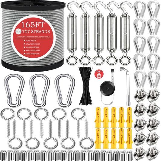1/8" Stainless Steel Cable,1/8" Wire Rope,M5 Turnbuckle Kit,165FT Wire Tensioner for String Light Hanging Kit,Aircraft Cable,Guy Wire,Stainless Steel Wire Rope Kit