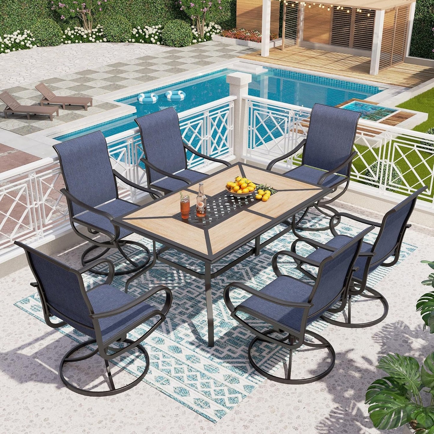 PHI VILLA 7 Piece Patio Dining Set, 6 Swivel Patio Chairs with Textilene Mesh Fabric & Rectangular Wooden-Like Dining Table(1.6" Umbrella Hole), All Weather Patio Chairs and Table Set for Deck (Blue)