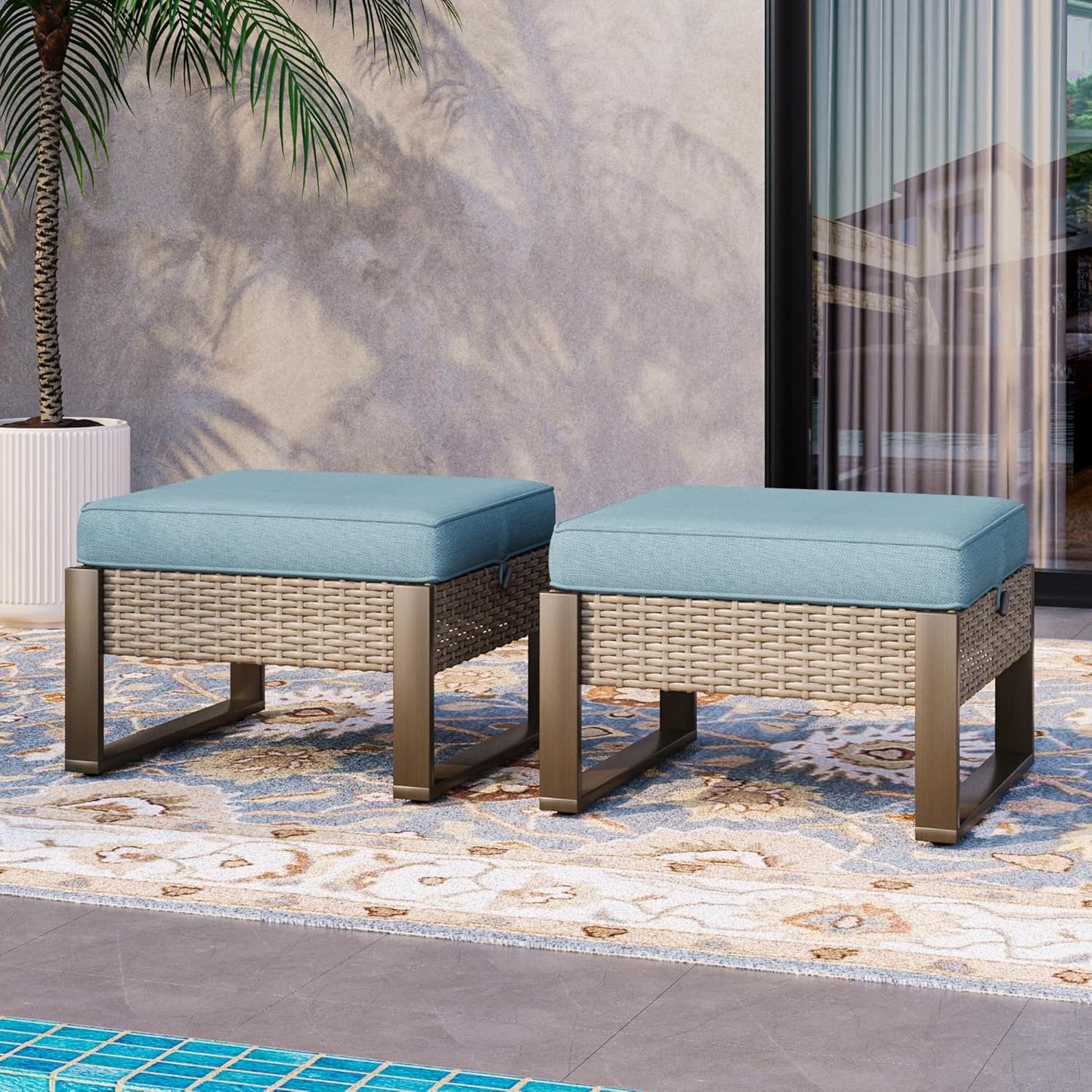 Patio Metal Wicker Ottoman Set of 2, Outdoor PE Rattan Footstools with Removable Cushions & Metal Steel Framed Legs for Garden Backyard Porch Deck, Baby Blue