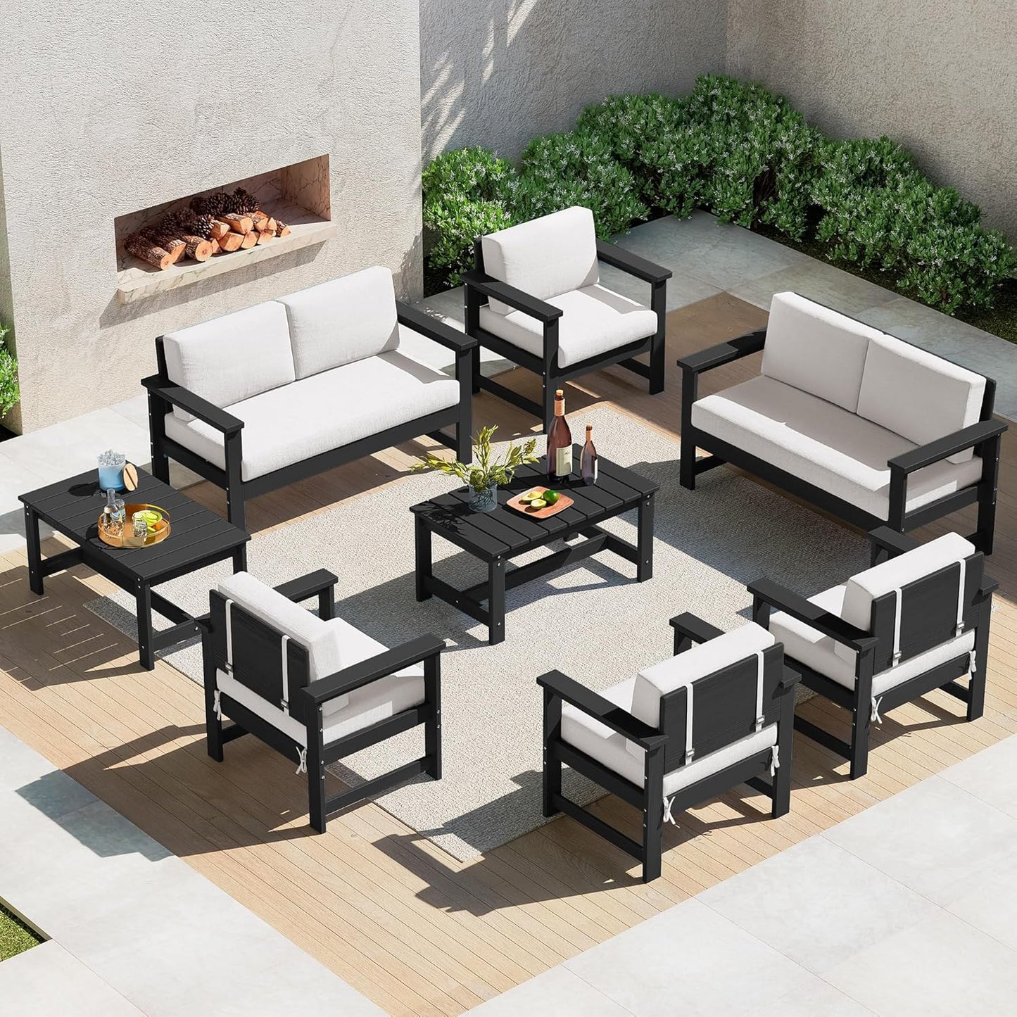 SERWALL 8 Pieces HDPE Outdoor Conversation Sofa Set with Cushions, All Weather Use Patio Couch Loveseat Furniture with Side Table for Balcony, Deck, Poolside, Black Frame with Khaki Cushions
