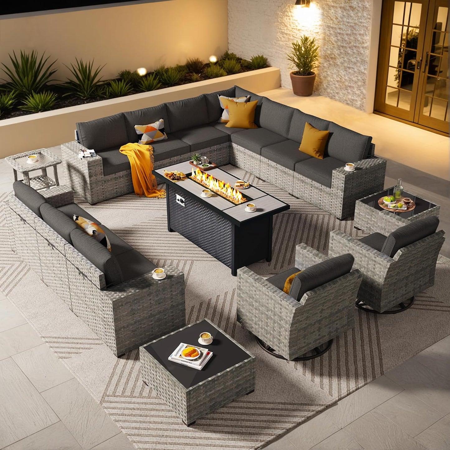 ovios 16 Pieces Patio Furniture Set, Outdoor Wicker Sectional Sofa with 54" Fire Pit Table Swivel Chairs, Modern Modular Deep Seat Rattan Couch Conversation Sets, Black