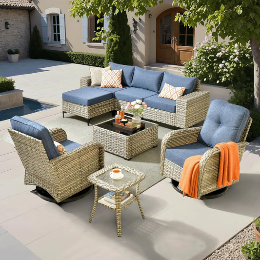 ovios 8 Pieces Patio Furniture Set Outdoor Sectional Sofa Couch with Rocking Swivel Chairs Deep Seat Chaise Comfy Cushions, Modern Modular Wicker Rattan Conversation Set, Denim Blue