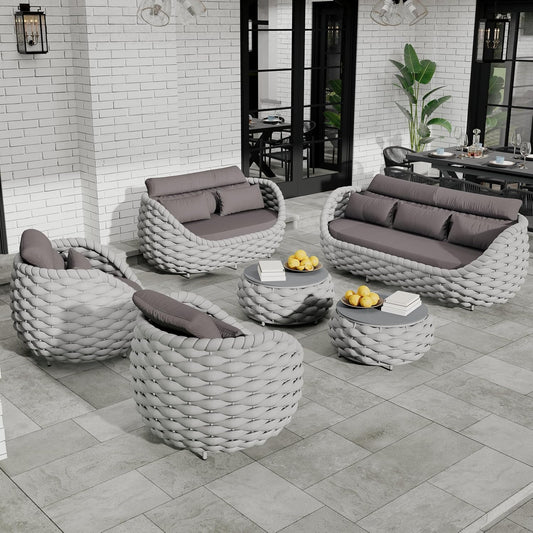 Patio Conversation Deck Furniture Sets: 6-Piece Aluminum Woven Rope Outdoor Sofa Set - Modern Cushions Couch Set - No Assembly Metal Porch Seating for Deck Yard Garden Lanai Pool Hotel Resort