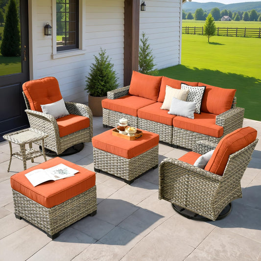 HOOOWOOO Outdoor Sectional Patio Furniture Set,8 Pieces Wicker Conversation Sets,Extra Deep Out Door Sofa Outside Furniture Couch with Swivel Chairs Ottoman,Brick Red