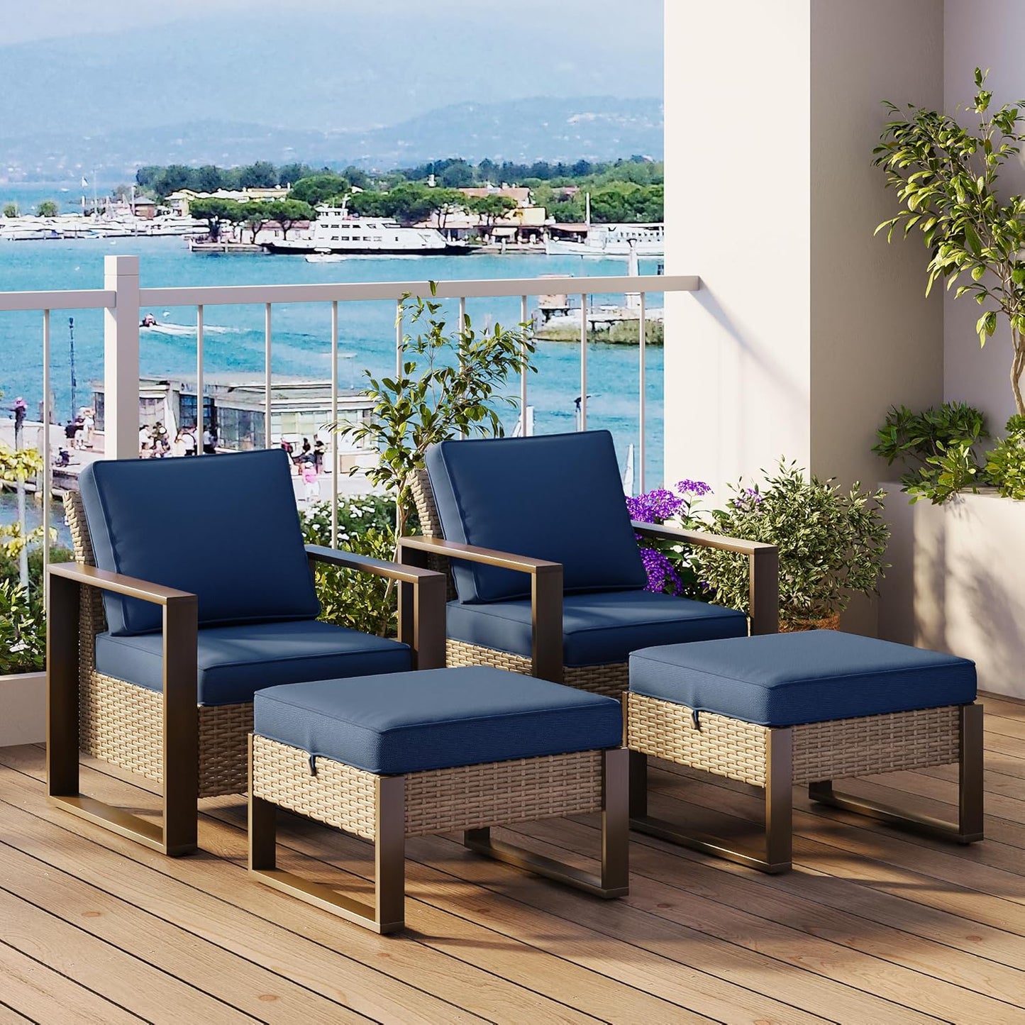 Outdoor Wicker Metal Chairs Set of 2 with Two Ottomans - 4 Pieces Patio Bistro Set with Rectangular Framed Wood-Looking Metal Armrest & Removable Cushions for Poolside, Terrace, Dark Blue