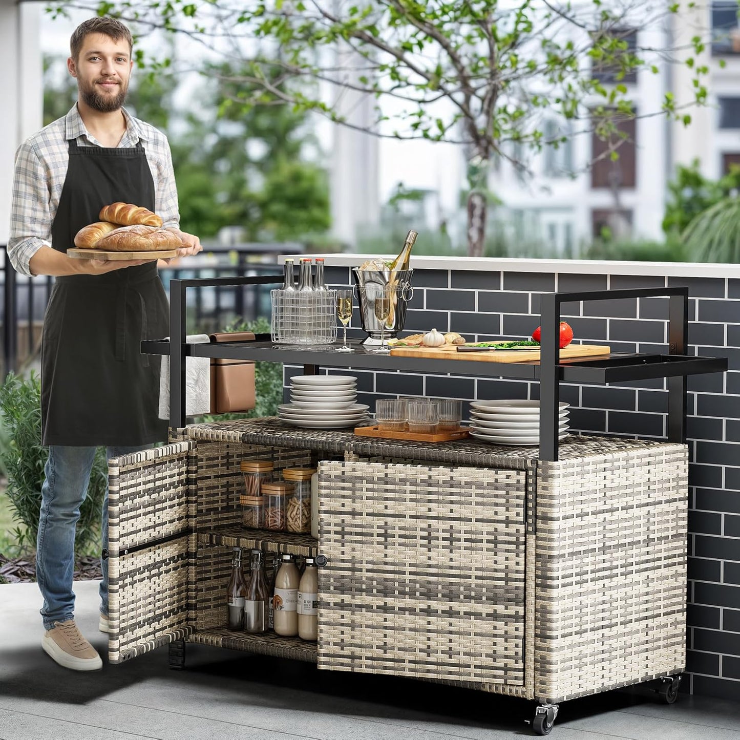 YITAHOME XL Outdoor Storage Cabinet, Outdoor Storage Cart with Wheels and Black Glass Table Top for Patio, Outdoor Cabinet for Poolside and Backyard (Gray Gradient)