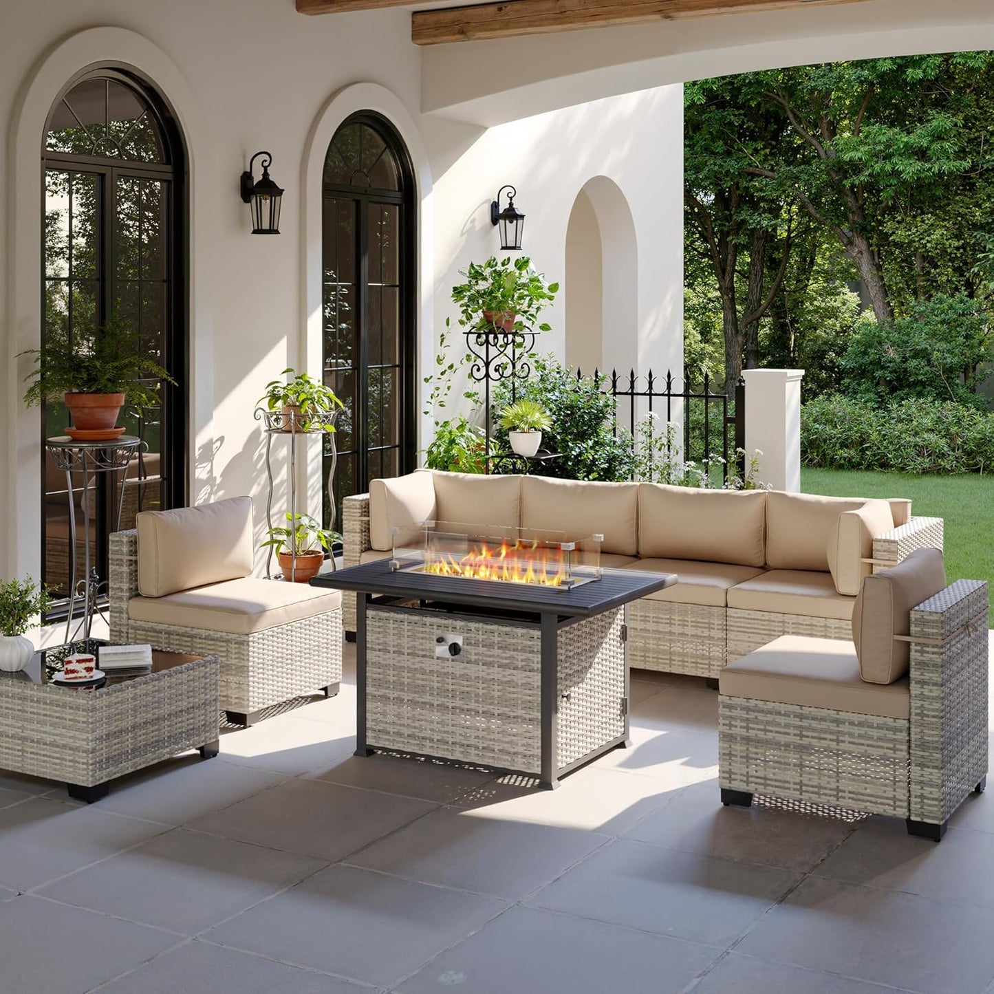 8-Piece Modern Patio Conversation Set with 55,000 BTU Fire Pit Table, Thick Cushions, Dual-Strand Wicker Rattan, Rust-Resistant Frame, Khaki