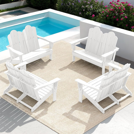 SERWALL 2 Person Adirondack Loveseat, HDPE All-Weather Folding Adirondack Bench Chair, Outdoor Adirondack Chair Set of 4, White